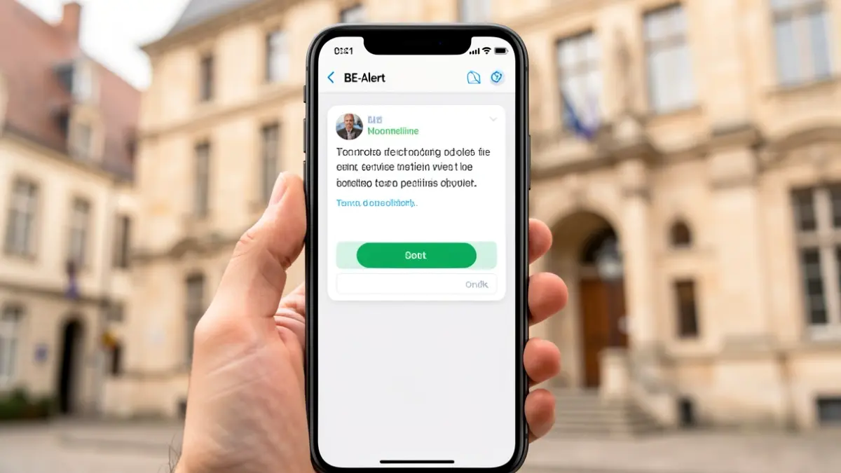 Image générique d'un smartphone affichant une notification d'alerte. Le fond est flou et représente une façade d'hôtel de ville belge.