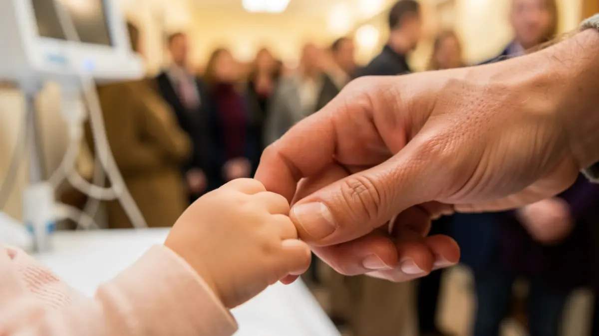 Gros plan sur la main d'un bébé tenant le doigt d'un adulte, avec un arrière-plan flou évoquant un environnement médical.